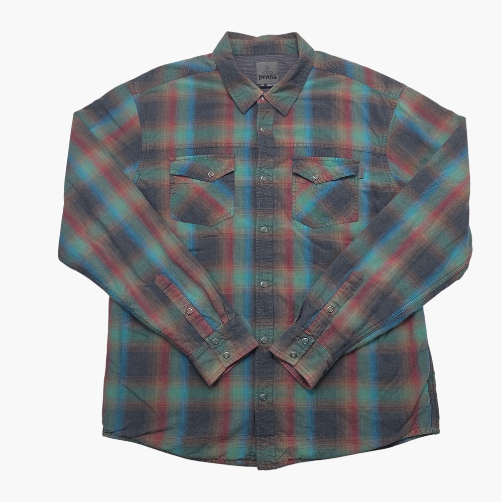 Prana Mens Thermal Lined Flannel Shirt Large Plaid Snap Front Long Sleeve Multi